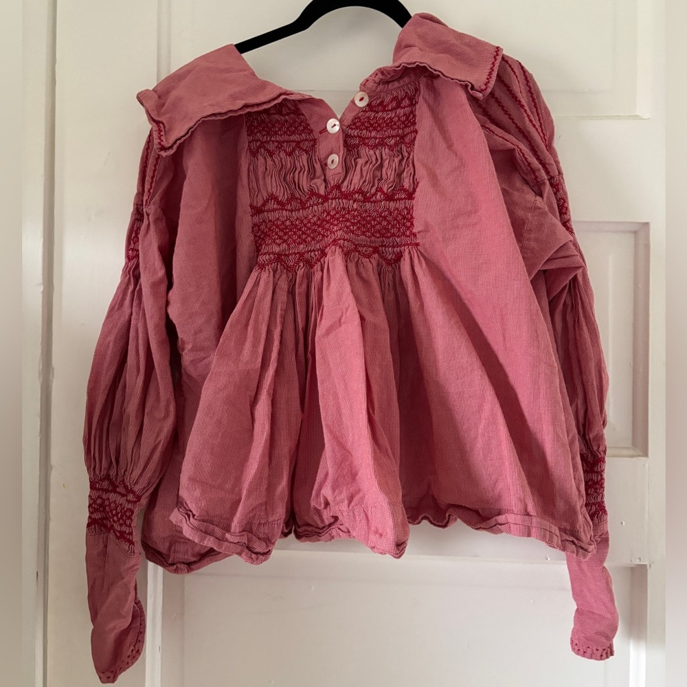 Unique smocked gingham blouse with stitch details